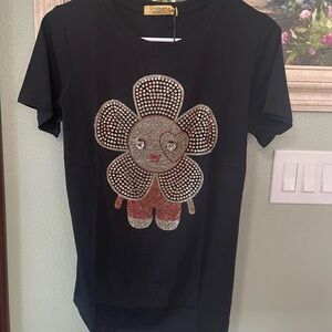 Vinizbena Black Smile Flower Rhinestone Shirt New